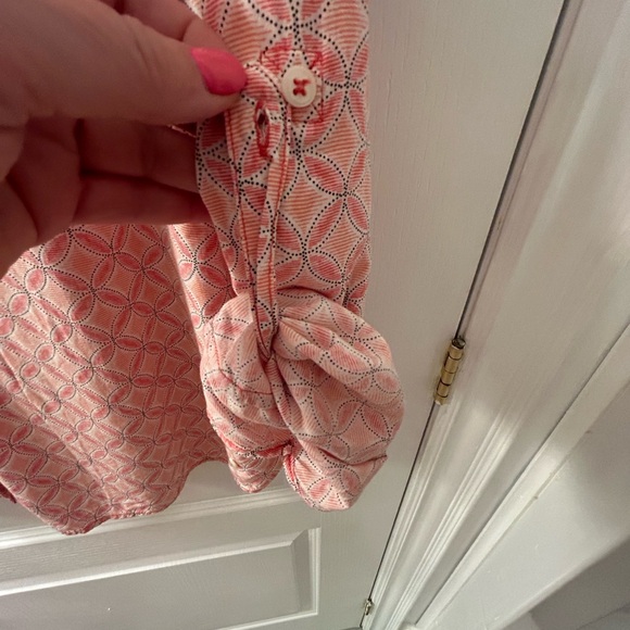 Women’s XL Olsen blouse in orange pattern. Hidden buttons & roll up sleeves. - Picture 4 of 6